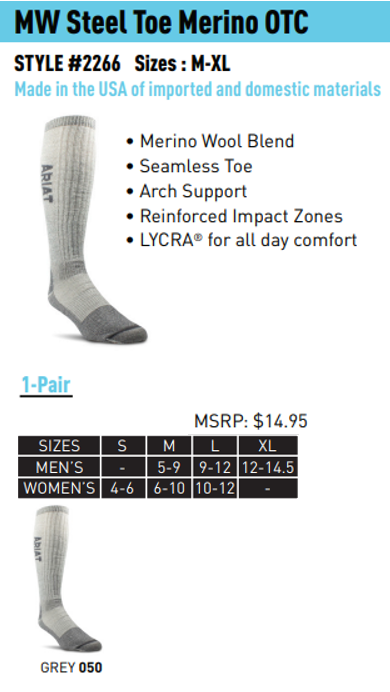 Medium Weight Over The Calf Merino Wool Steel Toe Boot Sock